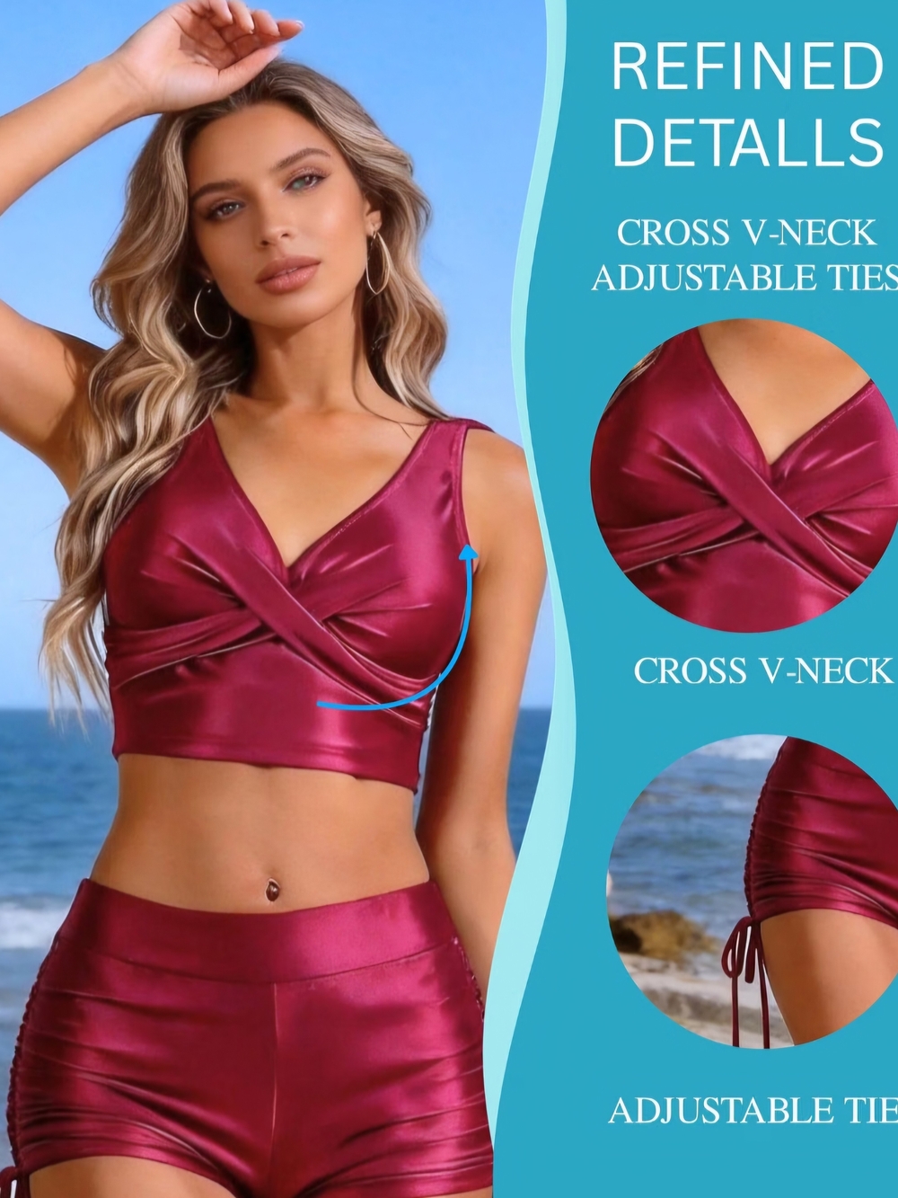 New Satin Cross V-Neck Crop Top & Shorts Set - Wine
